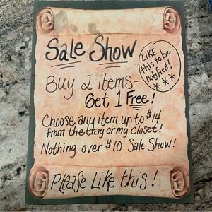 SALE SHOW! BIN BY BIN WITH SLASHED PRICES $6 / $7 / $8 Various items! Great buys